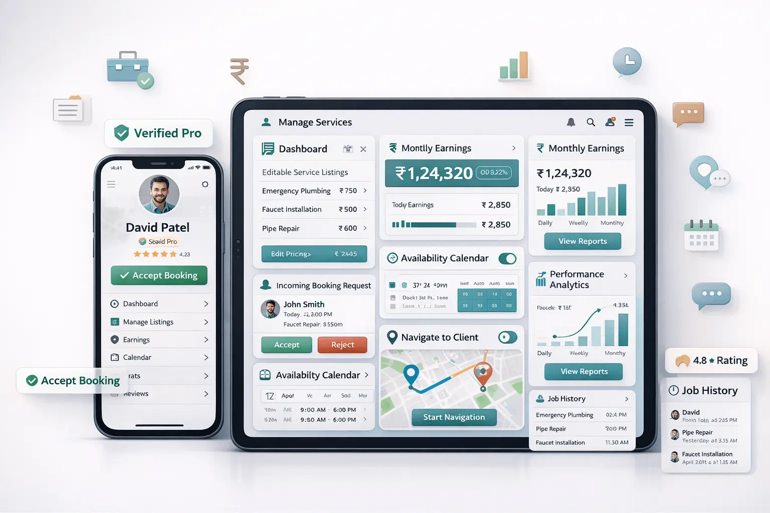 A service provider panel which allows professionals to control services, bookings and earnings effectively via a centralized platform.